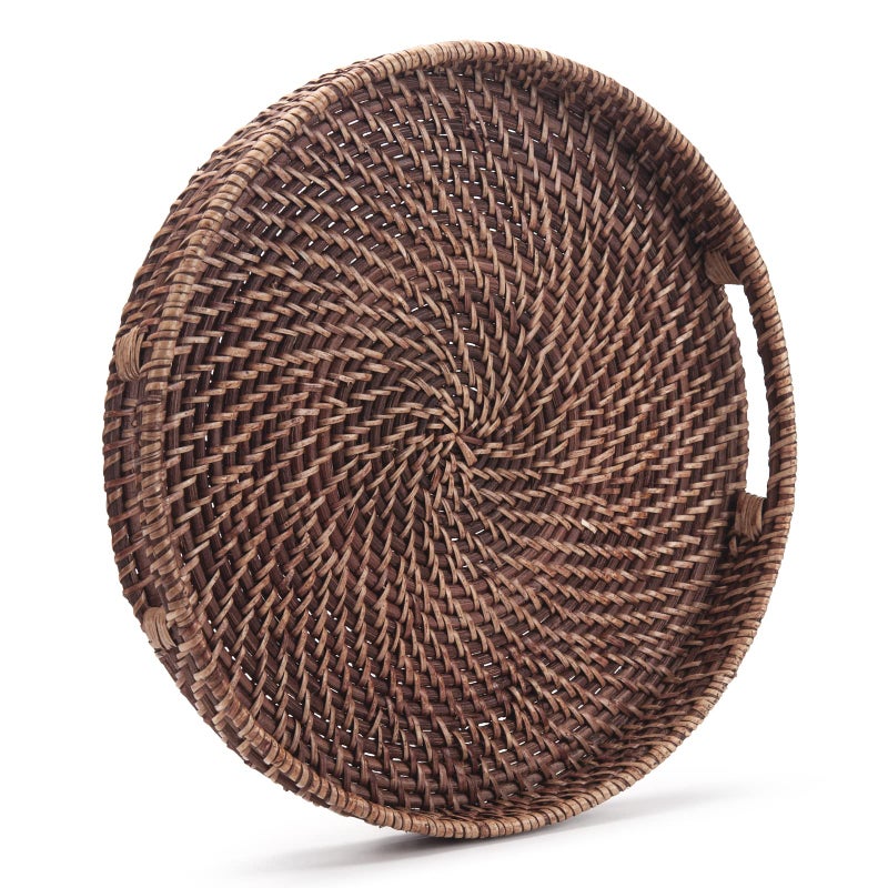 DECRAFTS Round Rattan Woven Serving Tray with Handles Ottoman Tray for Breakfast, Drinks, Snack for Coffee Table, Home Decorative (11"x1.6", Honey Brown) - Image 4